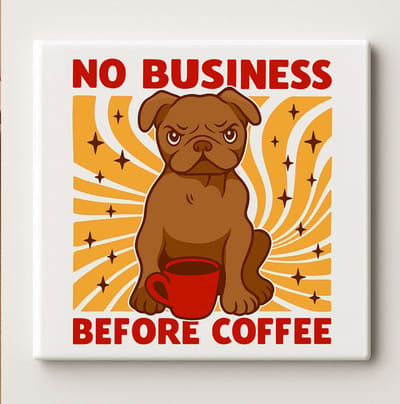 Grappige Hond Tegel “No Business Before Coffee” – 15x15 cm Keramische Muurdecoratie – Humoristisch Cadeau voor Koffieliefhebbers, Keuken of Kantoor