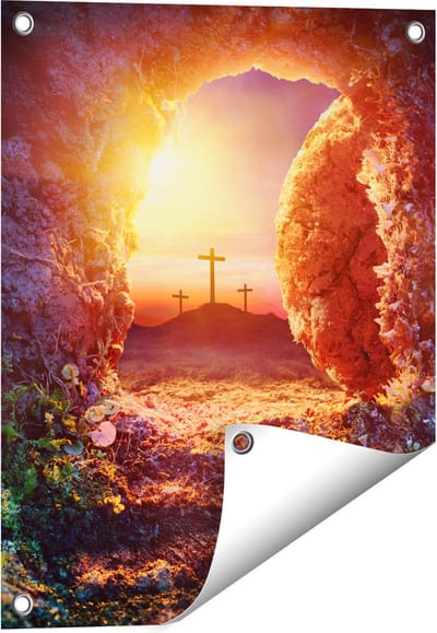 Gards Tuinposter Kruisiging bij Zonsopgang - Opstanding Jezus - 40x50 cm - Tuindoek - Tuindecoratie - Wanddecoratie buiten - Tuinschilderij