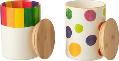 J-Line voorraadpot Polka Stip Streep - porselein - mix - 2 stuks