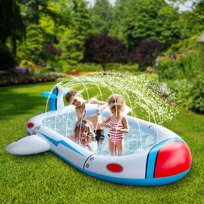 Opblaasbaar Raket Zwembad met Sproeier – 180x100x54 cm – PVC 0,25 mm – Vliegtuig & Raket Design – Tuinslang Aansluiting – Kinder Zwembad voor Zomer Buitenspel -1 Stuk