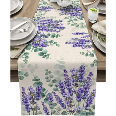 Eucalyptusbladeren Paarse Lavendelbloemen Linnen Tafelkleden Feestdecoratie Keuken Eetkamertafelkleden Bruiloftsdecoraties 150x33cm white