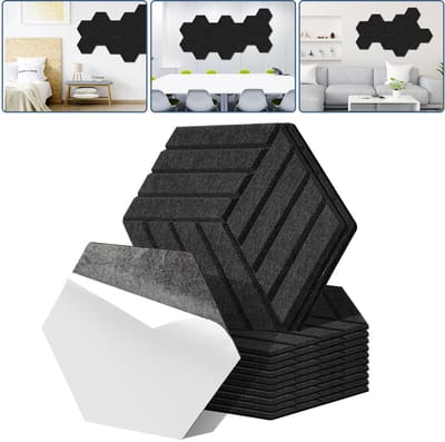 18 stuks Akoestische panelen Hexagon streepje Zelfklevend Geluidsisolatie Vilt Wandpaneel Zwart