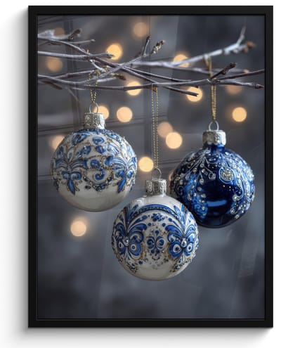 Poster in lijst - Fotolijst 60x80 cm - Posters - Kerstbal - Versierd - Blauw - Posterlijst zwart - Decoratie - Wanddecoratie woonkamer - Muurdecoratie slaapkamer - Kerstversiering - Kerstdecoratie voor binnen - Kerstmis