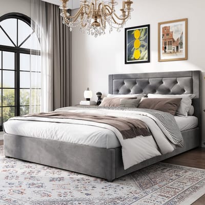REDOM Bedframe 140x200 cm – Fluweel grijs – Chesterfield-stijl – Hydraulische opbergruimte – Luxe