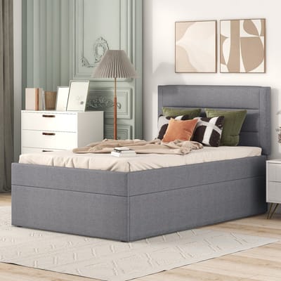 Wishdor – Gestoffeerd eenpersoonsbed met opbergruimte – 90 x 200 cm – Minimalistisch design – Lattenbodem – Linnen en MDF – Grijs