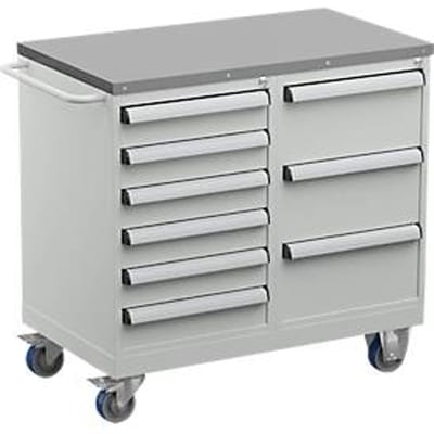 Treston TWIN 4 gereedschapswagen, stalen onderstel, tot 300 kg, 9 laden, afsluitbaar, duwbeugel, staal, lichtgrijs RAL 7035