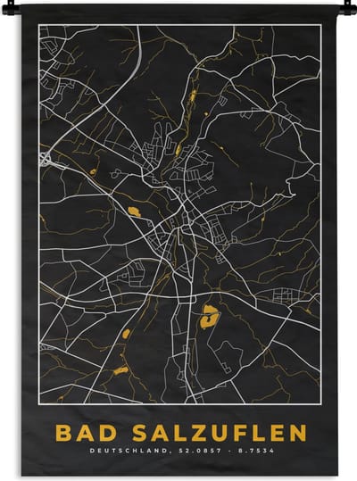 Wandkleed - Wanddoek - Duitsland – Black and Gold – Bad Salzuflen – Stadskaart – Kaart – Plattegrond - 120x180 cm - Wandtapijt