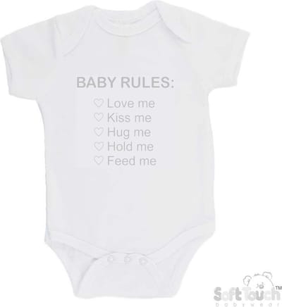 100% Katoenen Romper "Baby rules" Unisex Katoen Wit/zilver Shiny Maat 56/62