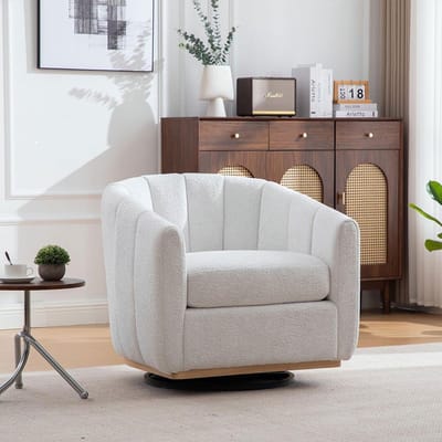 BLACKCOLORS Moderne poef van chenille met metalen voet, 360° draaibaar, gestoffeerde stoel met pompons, clubstoel in pompoenvorm voor woonkamer, familiekamer, slaapkamer, lounge, ivoor
