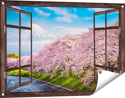 Gards Tuinposter Doorkijk Roze Bloesembomen bij de Fuji Berg - 90x60 cm - Tuindoek - Tuindecoratie - Wanddecoratie buiten - Tuinschilderij