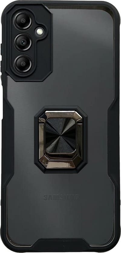 Casemania Hoesje Geschikt voor Samsung Galaxy A14 - Zwart - Transparant Back Cover Kickstand Ring