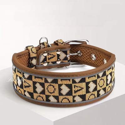 Honden Halsband Bruin Reflecterend | Hondenhalsband Reflecterend met print | Stevige Halsband maat L | Vogue Halsband | Petshop Seven®