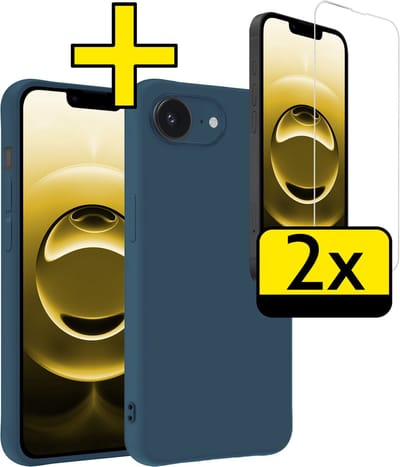 Hoesje - Met 2x Screenprotector - Geschikt voor Apple iPhone 16e - Sterk & Shockproof - Back Cover - Siliconen Case - Telefoon Hoes - Telefoonhoesjes - Donkerblauw