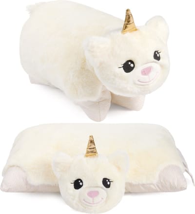 BRUBAKER Knuffelkussen Eenhoorn - 2 in 1 Pluche en Knuffelkussen - 40 x 30 cm Knuffel Eenhoorn - Opvouwbaar Pluche Kinderkussen met Klittenbandsluiting - Kussen Eenhoorn Knuffeldier - Wit