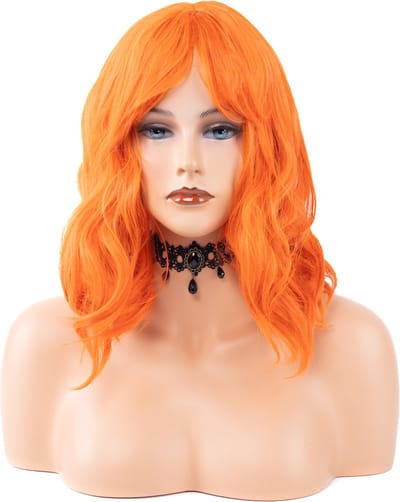 KIMU® Luxe Oranje Rode Pruik - Curtain Bangs Pony - Schouderlengte Haarwerk Krullen Pony - Ginger Roodharig Pumpkin Pompoen Feloranje Festival
