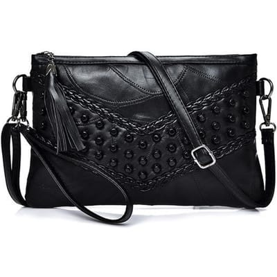 Sacs à bandoulière en cuir véritable pour femmes, sacoche à pompon, pochette à rivets pour dames black