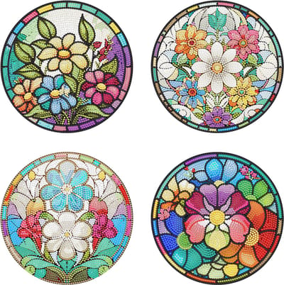 XL onderzetters - 02 - Bloemen glas in lood - set van 4 - Diamond painting - compleet pakket - Diamond painting by Wietske