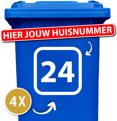 Container sticker - 4 delige voordeelset - vierkant kader met huisnummer - 20 x 20 cm - wit - kliko sticker - afvalcontainer - kliko sticker voordeelset - klikostickers - huisnummer sticker - huisnummers - weerbestendige stickers