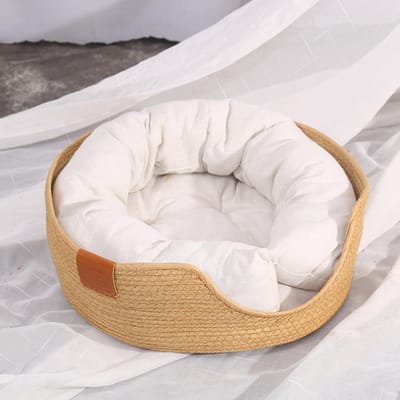 Huisdier Kussen Bed Handgeweven Zacht Warm Ademend Draagbaar Rond Kat Puppy Pad Bed voor Alle Seizoenen M M white