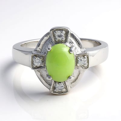 Cavill - Zilveren Ring - 925 Sterling Zilver - Keizerlijk Chrysopraas Ovaal Cabochon 0 54 ct met Witte Topazen 0 111 ct - Elegante Damesring Maat 17