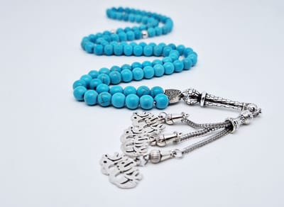 Handgemaakte tesbih "Tasbih" natuursteen "Turkoois" - Aantal kralen 99 - Diameter kralen 8MM - met metaal tassel "La alih ala allah" - Een mooi cadeau-idee