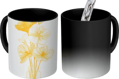 Magische Mok - Foto op Warmte Mokken - Koffiemok - Lijntekening - Bloemen - Geel - Vaas - Magic Mok - Beker - 350 ML - Theemok