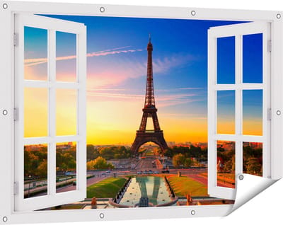 Gards Tuinposter Doorkijk Parijs Eiffeltoren tijdens de Zonsopkomst - 120x80 cm - Tuindoek - Tuindecoratie - Wanddecoratie buiten - Tuinschilderij