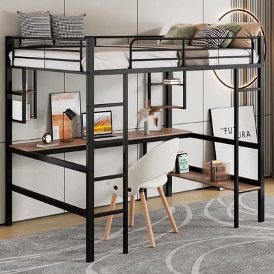 Metalen hoogbed met bureau en opbergrekken - Voor kind, tiener en volwassene 90x200 cm - Zwart - Bureau en 5 legplanken - Rondom valbeveiliging - EN747 gecertificeerd