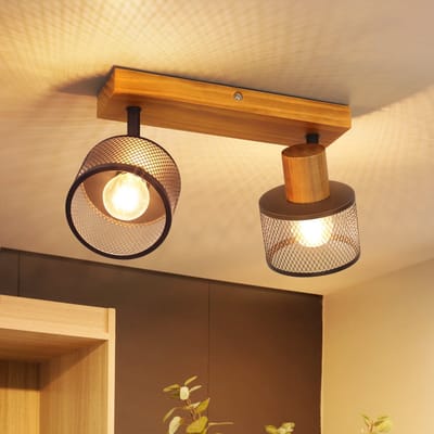 NETTLIFE - Houten Plafondlamp 2 Lichts E14 - Vintage Ganglamp - Zwart Metalen Verdraaibare Wandstraler - Met Roosterkap Retro Spotverlichting - Geschikt Voor Keuken En Bar - Zonder Lichtbron