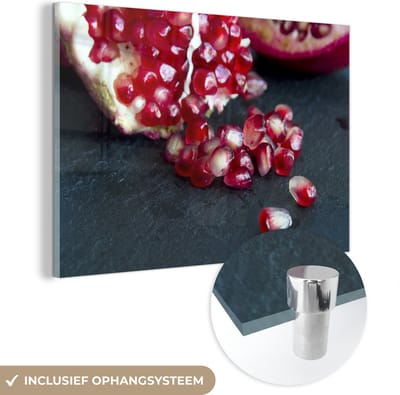 ® Glasschilderij 180x120 cm - Schilderij acrylglas - Granaatappel - Zaden - Steen - Foto op glas - Muurdecoratie woonkamer - Wanddecoratie slaapkamer - Schilderijen