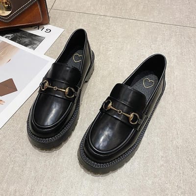 Lente Platte Schoenen Dames Dikke Hak Platform Platform Schoenen Paardenbit Gesp Een Pedaal Britse Kleine Leren Schoenen Instappers 36 mat zwarte kleur