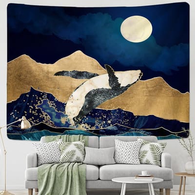 Vintage Walvisval Olieverf Wandkleed Eenvoudig Geometrisch Patroon Boho Stijl Woonkamer Wanddecoratie 95x70cm beige