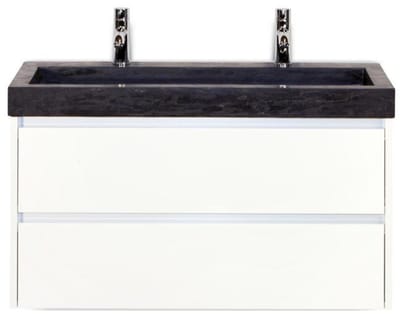Dante Badmeubelset 100 cm - Wit Hoogglans - Wastafel Hardsteen Wit Lucca 2 Kraangaten