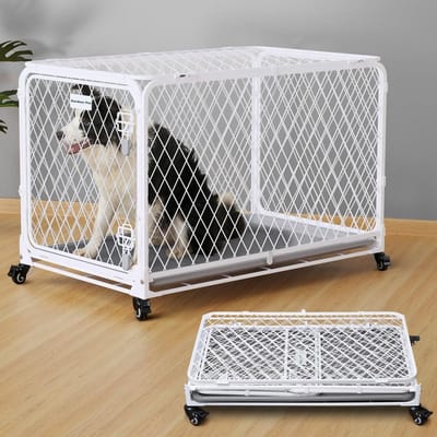 36 Inch Opvouwbare Hondenkennel met Wielen en Dienblad voor Middelgrote Honden