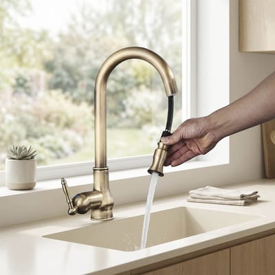 Antiek Messing Keukenkraan met Uittrekbare Douche - Vintage Keukenkraan voor Keuken Retro