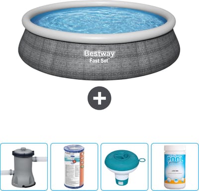 Bestway Rond Opblaasbaar Fast Set Zwembad - Rotanprint - 457 x 84 cm - Inclusief Pomp Filter - Chloordrijver - Chloor