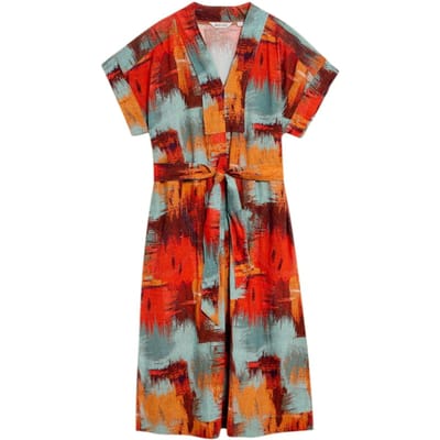 White Stuff Marianne Linen Blend Dress Orange Print Maat: 24 REGULAR | Midi Jurken Outlet | Dames | Wit