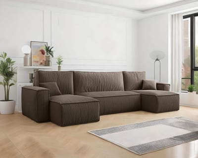 U-bank Frenkie - Ribstof - Taupe - Slaapbank met opbergruimte - Lounge Links of Rechts - Direct Leverbaar - U-zetel - Chaise longue - Zetel met slaapgedeelte - 4 zits - Zitcomfort Medium