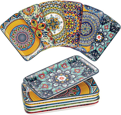 Dailygoods- Serveerborden 25 cm - Porseleinen Set van 6 - Boheems Bloemenontwerp - Dinerborden - Voor Salade/Voorgerechten - Kleurrijk Design