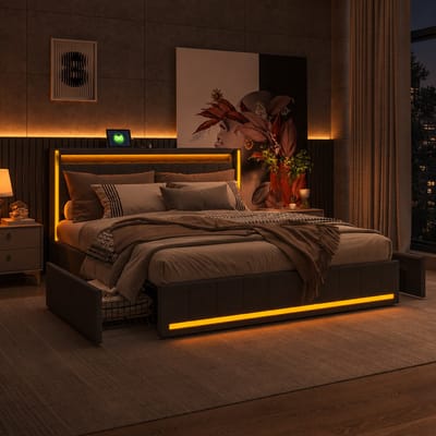 Gestoffeerd bed 140x200 cm met 4 metalen lades, opbergbed met ledverlichting en USB-oplaadpunt, bed met hoofdbord, lattenbodem, linnen, donkergrijs