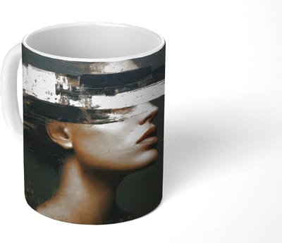 Mok - Koffiemok - Gezicht - Vrouw - Zwart - Abstract - Mokken - 350 ML - Beker - Koffiemokken - Theemok