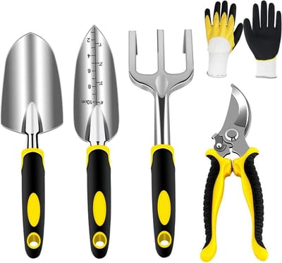 Famanu - Tuingereedschap van roestvrij staal, tuingereedschapsset met tuinschaar, handtrommel, transplantator, handhark, tuinhandschoenen (750, 5 stuks)