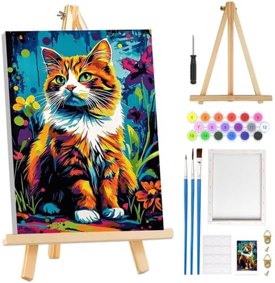 Solidchoice - MOGTAA Kat verf op nummer voor volwassenen, beginner met frame, bloemen landschap schilderen op nummer voor volwassenen met ezel, doe-het-zelf olieverfschilderij kits kunstambachten voor huisdecoratie