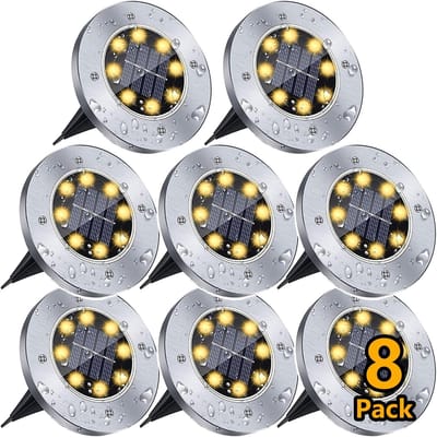 Famanu Tuinverlichting op zonne-energie voor buiten, 8 leds, werkt op zonne-energie, waterdichte schijfverlichting, voor loopbruggen, gazon, trappen, paden, warm wit, 8 stuks