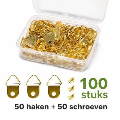 100 Stuks Fotolijst Hangers Goud (50 Haken + 50 Schroeven) – Metalen Driehoekige Ophanghaken – 1x2,2 cm – Wandhaak voor Schilderijen & Decoratie