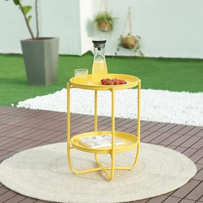 Bijzettafel voor Buiten - Tuin- en Balkontafel met Afneembaar Dienblad - 57,5xØ40 cm - Geel