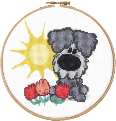 Pako Borduurpakket - telpatroon -Woezel & Pip kids Woezel in het zonnetje - 271.049 - voorgesorteerd garen - Aida -17 cm Rond - DIY kit