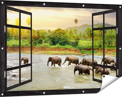 Gards Tuinposter Doorkijk Kudde Olifanten in het Water - 120x80 cm - Tuindoek - Tuindecoratie - Wanddecoratie buiten - Tuinschilderij