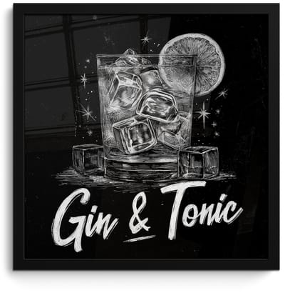 Poster in lijst - Fotolijst 40x40 cm - Posters - Gin en tonic - Glas - Limoen - Ijsblokjes - Posterlijst zwart - Decoratie - Wanddecoratie woonkamer - Muurdecoratie slaapkamer