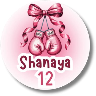 Naam stickers met leeftijd – Bokshandschoenen roze – rond 4 cm – gepersonaliseerd – 20 stuks – traktatie / verjaardag - Boksen